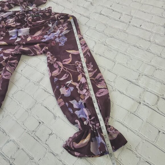 WHITE HOUSE BLACK MARKET BURGUNDY & PINK MULTICOLOR FLORAL RUFFLE BLOUSE size M - Picture 6 of 11